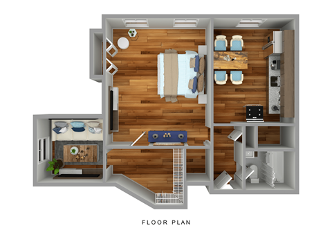 a stylized floor plan of a house with a wood floor